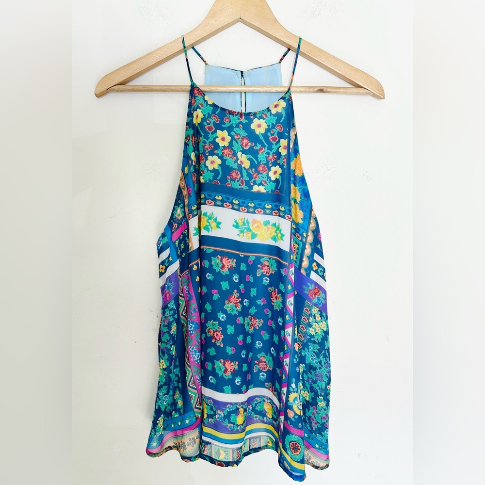 Everly Anthropologie Blue- Green Floral‎ Top Sz Medium Lightweight Boho Romantic